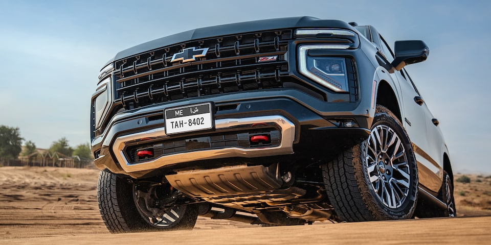 Close-up View of the 2025 Chevrolet TahoeZ71 showcasing  Skid Plate on Sand