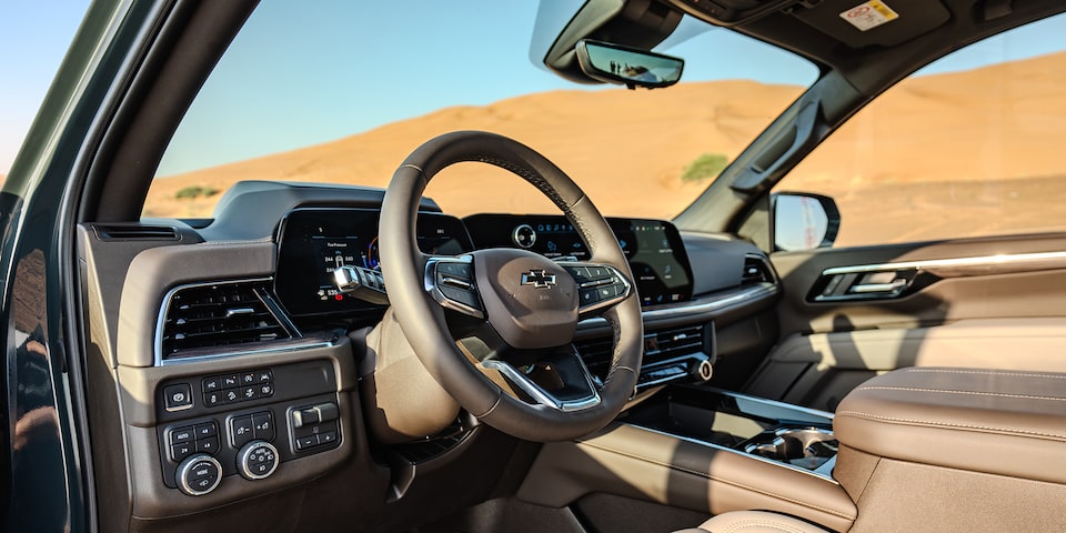 Close-up of the Steering Wheel and Driver Selector Mode on the 2025 Chevrolet Tahoe SUV