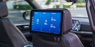 Close-up view of the rear-seat entertainment screen on the 2025 Chevrolet Tahoe SUV