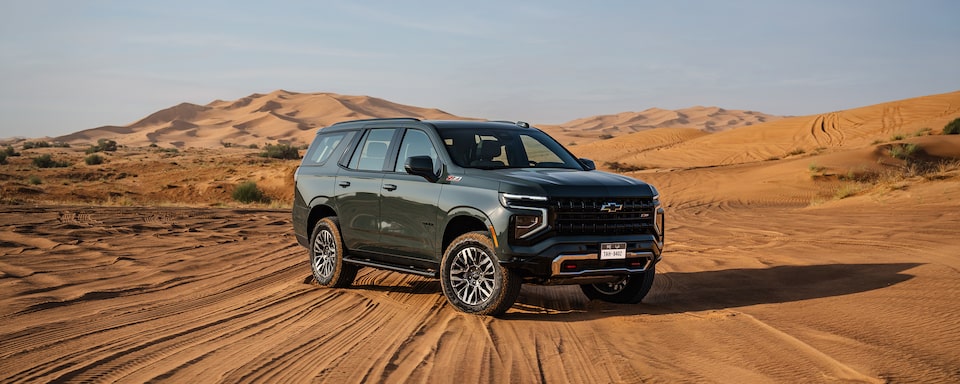 Front Side View of the 2025 Chevrolet Tahoe Z71 SUV  on sand