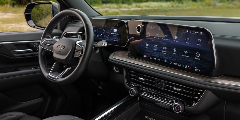 Close-up of the 2025 Chevy Tahoe Infotainment System Displaying the Vehicle's Tire Pressures