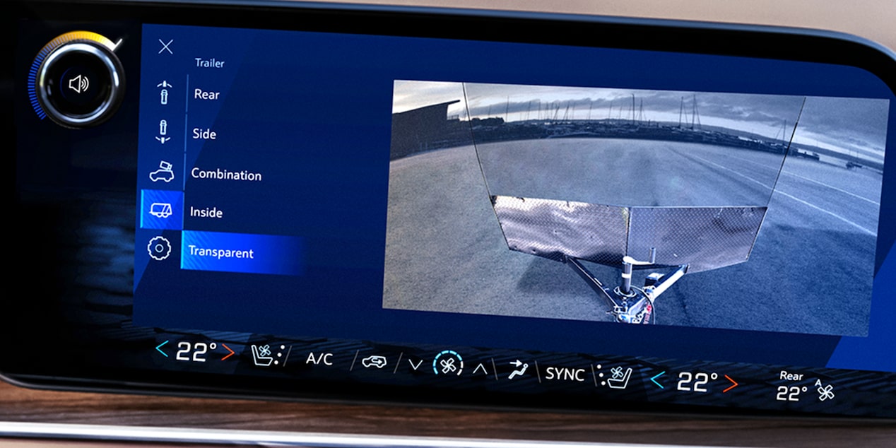 Close-up of the 2025 Chevy Tahoe Infotainment System Displaying the Rear End Camera While Towing