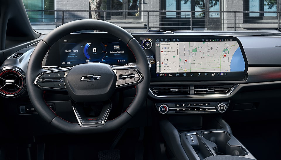 Driver’s Seat View of the Steering Wheel and Display Monitor of 2025 Chevy Equinox EV